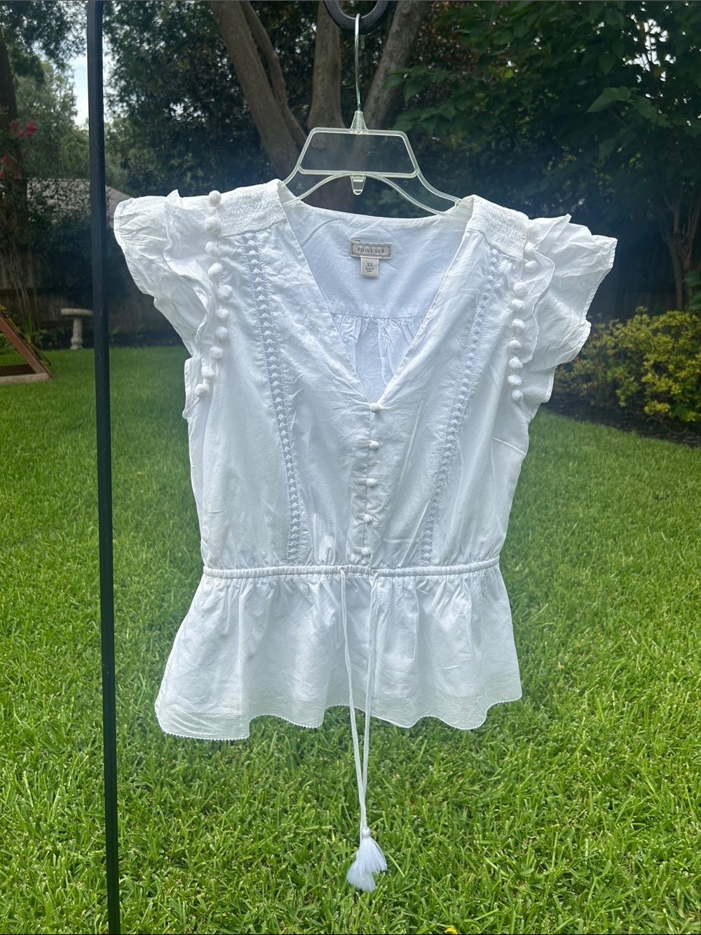 Jcrew Point Sur White Flutter Sleeve Peplum Blouse with Pom Trim